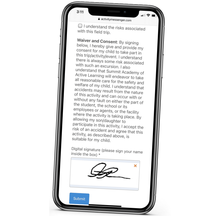Get a digital signature for your summer camp waiver form using Activity Messenger