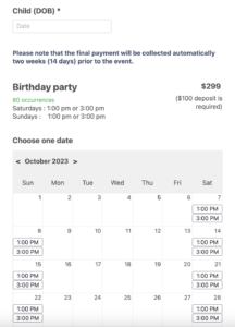 kids booking party form