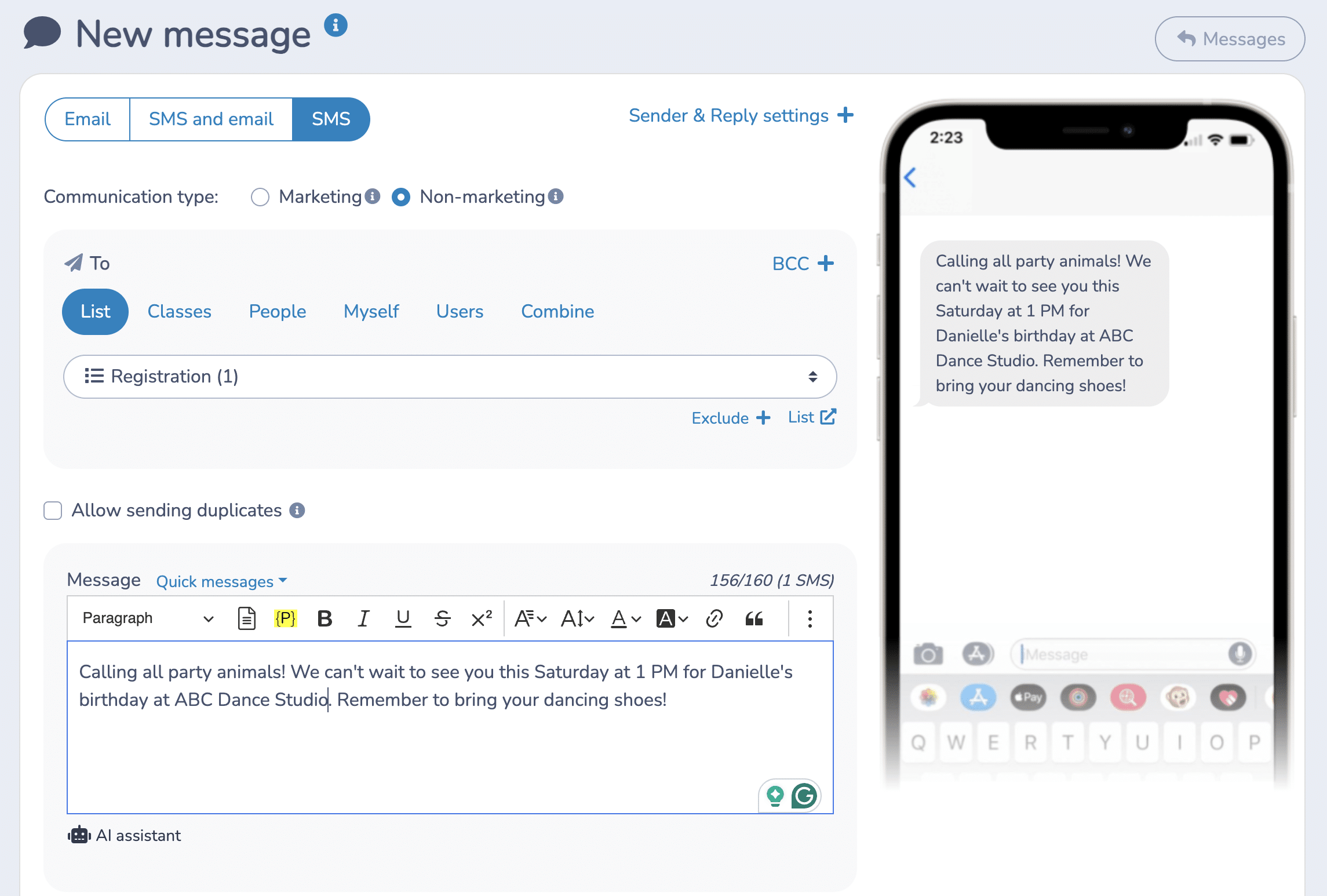 Activity Messenger Birthday Party SMS Example