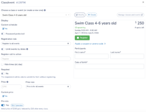 Create a lesson for a swim registration form