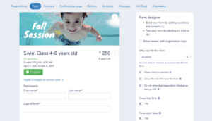 Swim Lesson registration form builider
