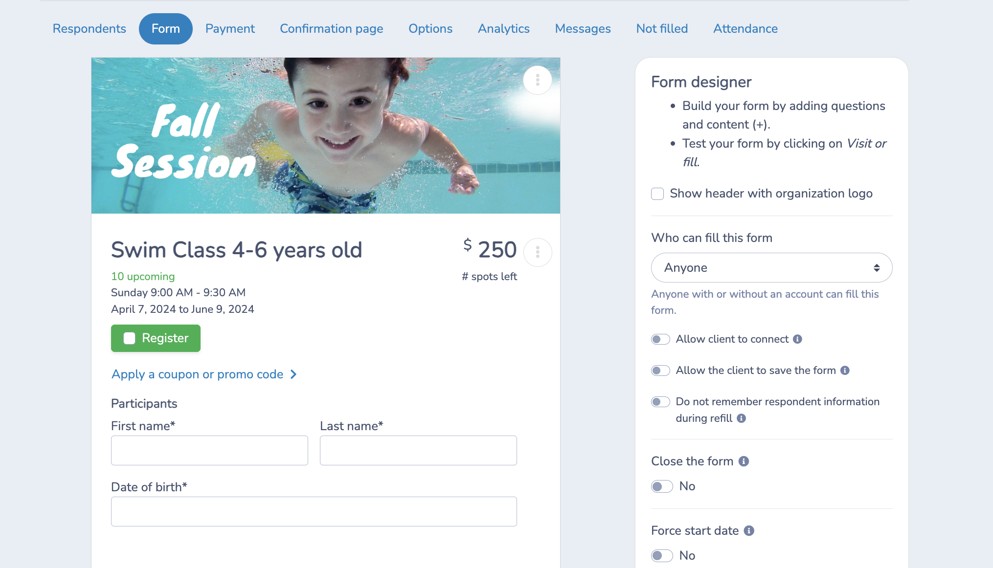 Swim Lesson registration form example for your swim school website