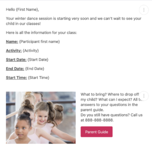 Start of dance session email reminder template