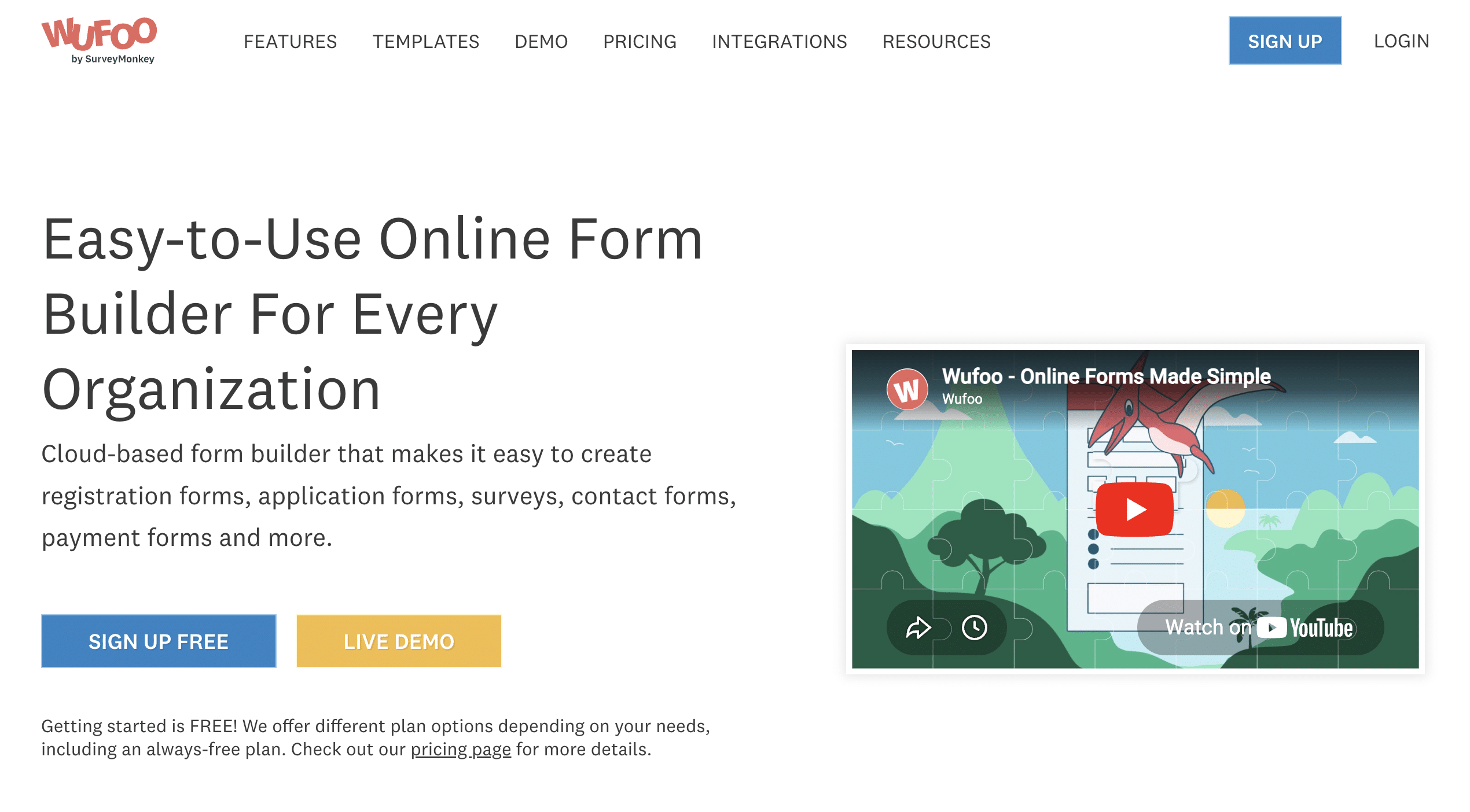 Wufoo Alternative: screenshot of Wufoo homepage