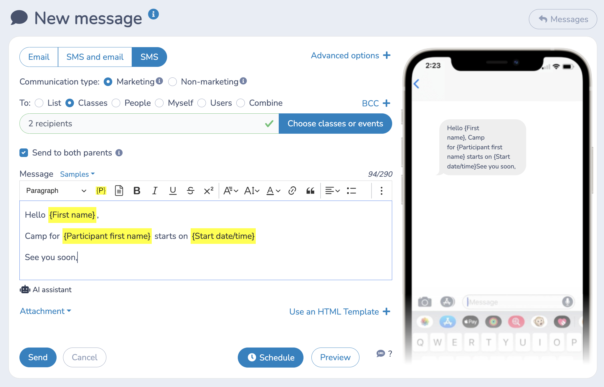 Mass Texting for Camps: Learn how to send bulk texts to both parents using Activity Messenger