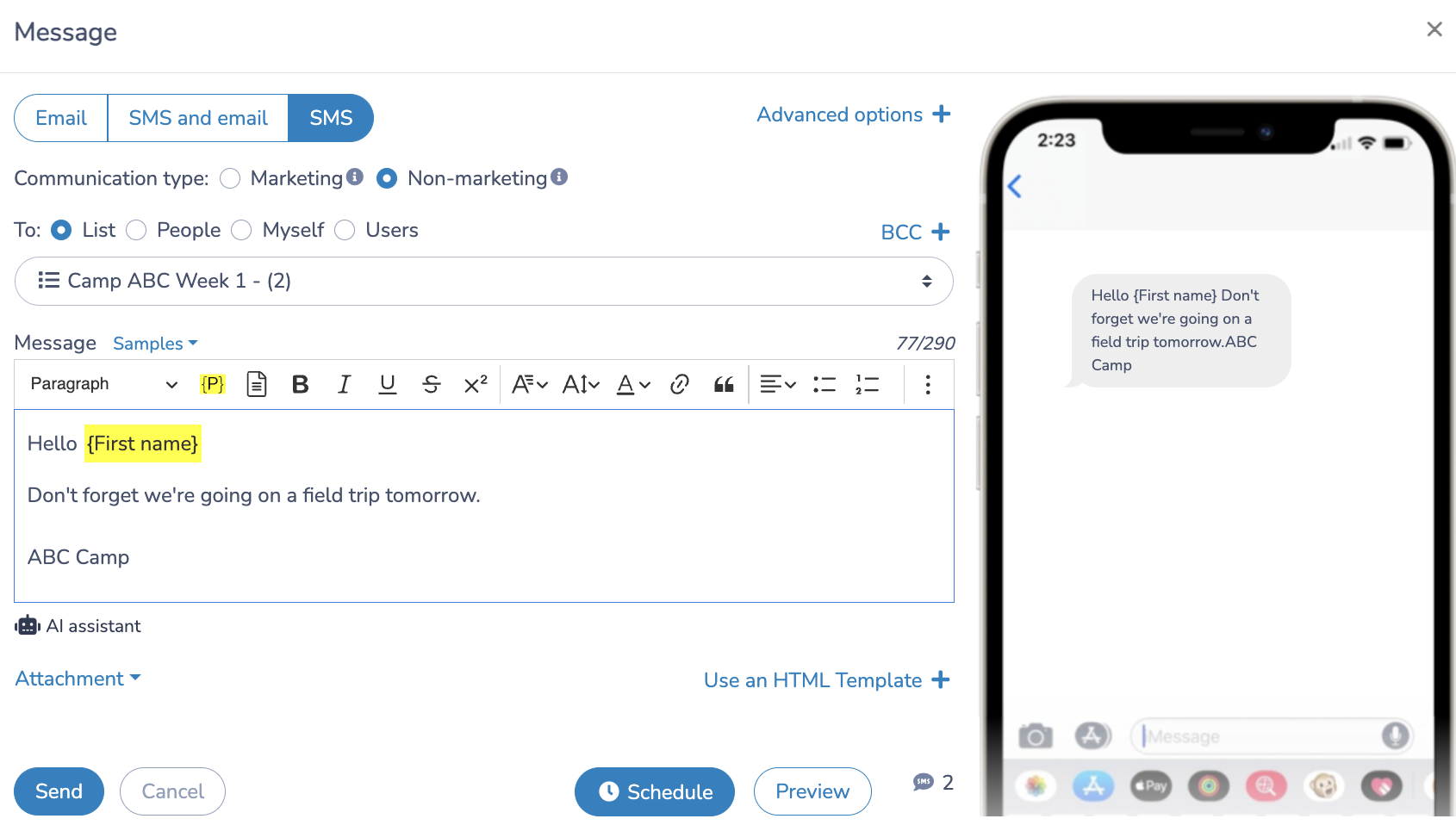 Send bulk SMS from camp attendant list