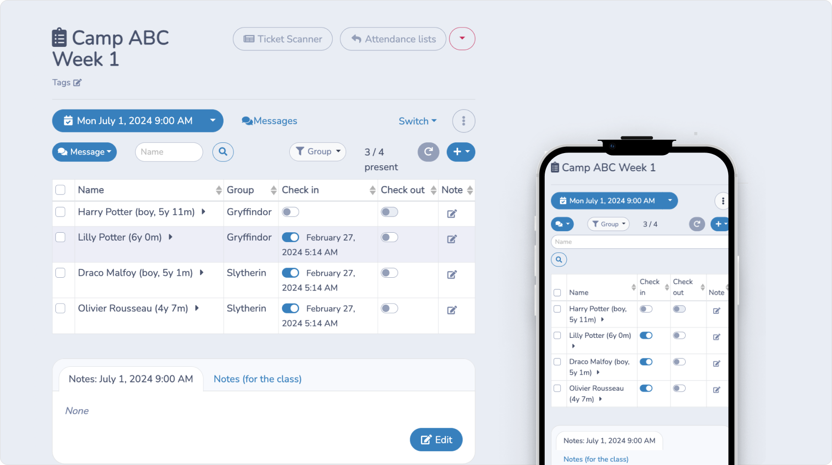 Camp attendance tracking