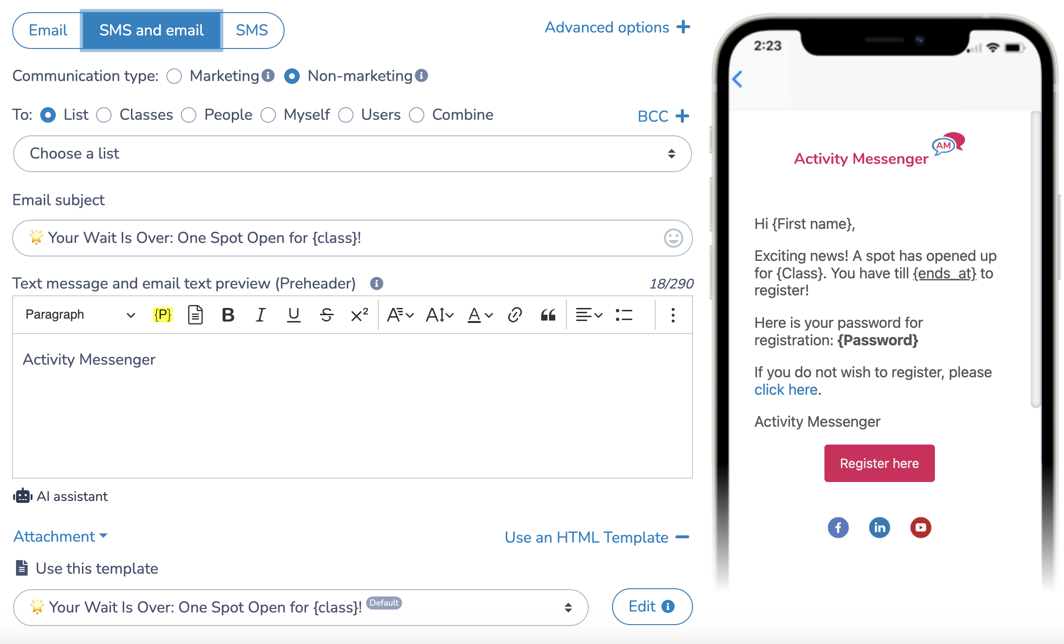 SMS reminders for camp waitlist