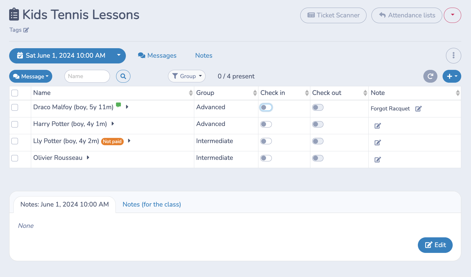 Attendance tracking for Tennis Lessons
