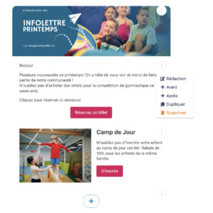 Envoi marketing et d'infolettre pour club de gymnastique