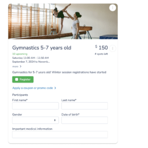 Online registration for gymnastics clubs