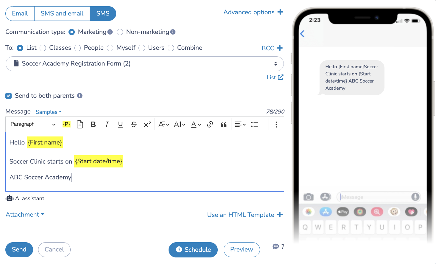 How to send bulk SMS to soccer players