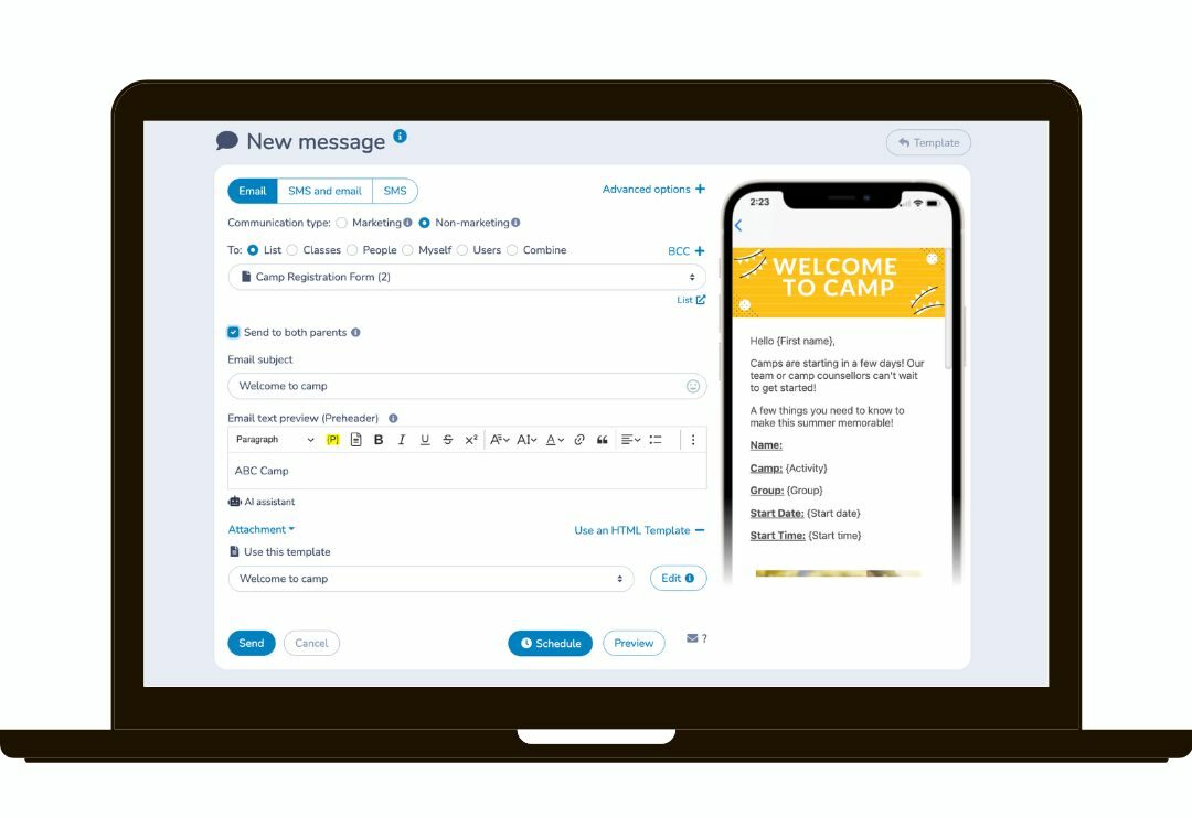 Personalized text and e-mail communications for camps
