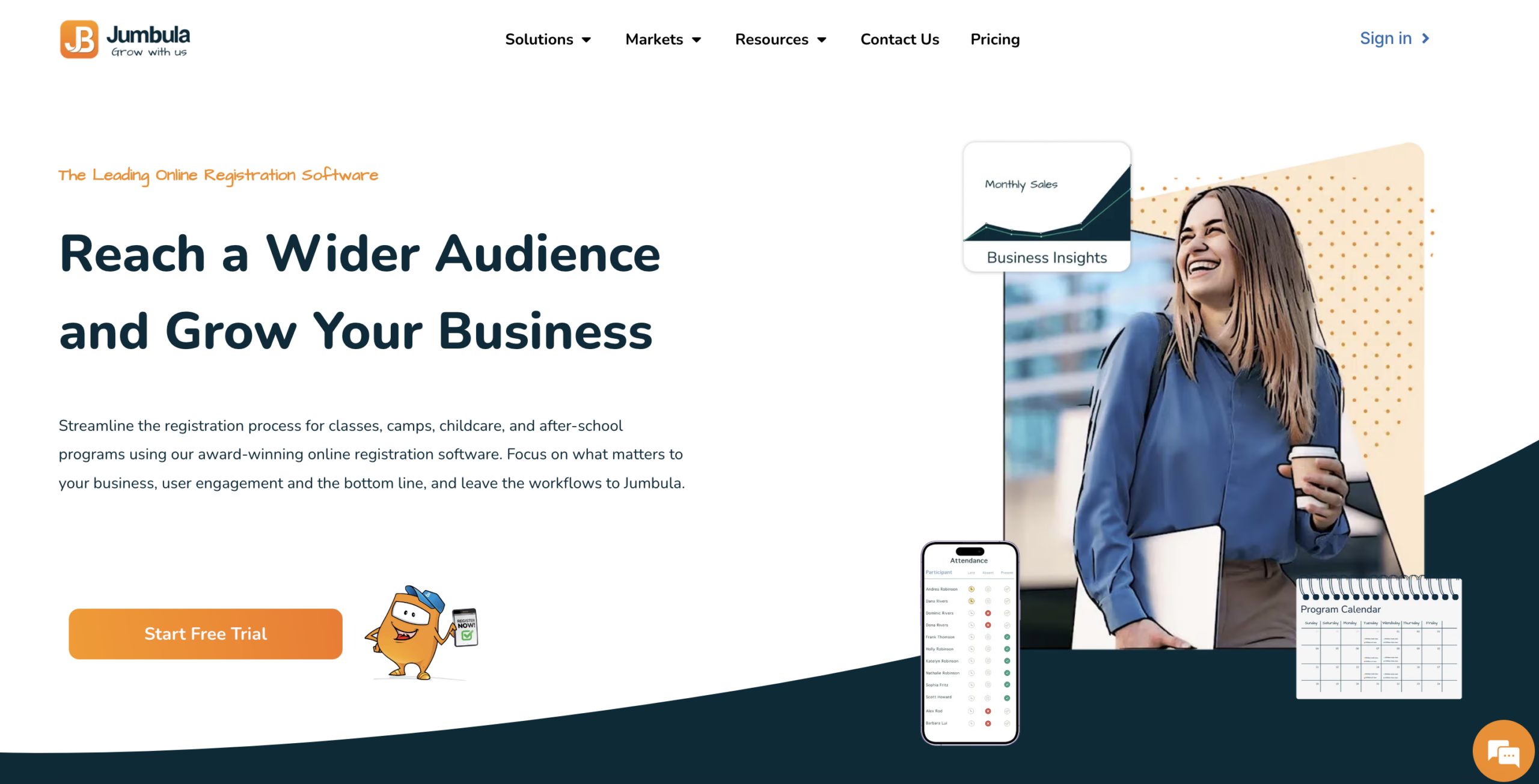 Jumbula homepage as a forest school management software