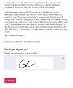 Include liability waiver and digital signature to registration form