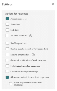 Settings in Microsoft forms