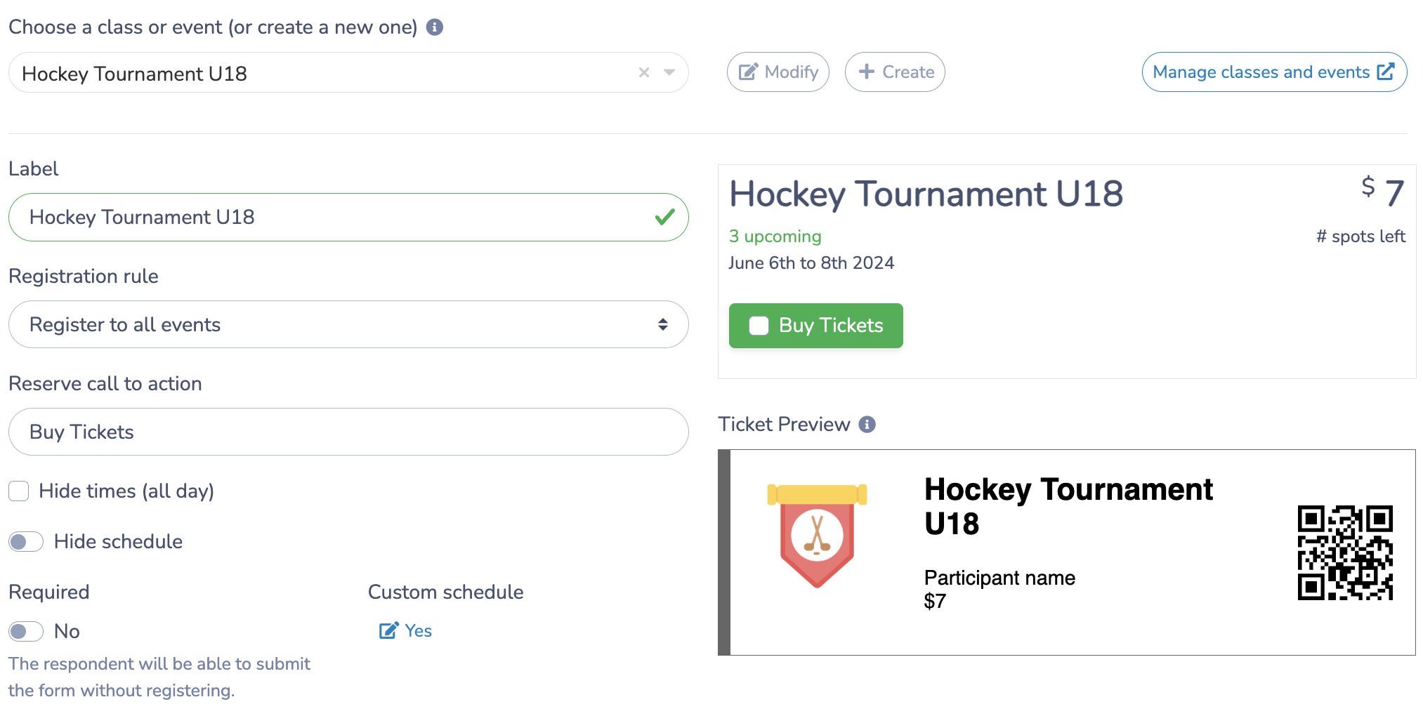 Set Up Your Ticketing Page to sell hockey tickets online with your registration software