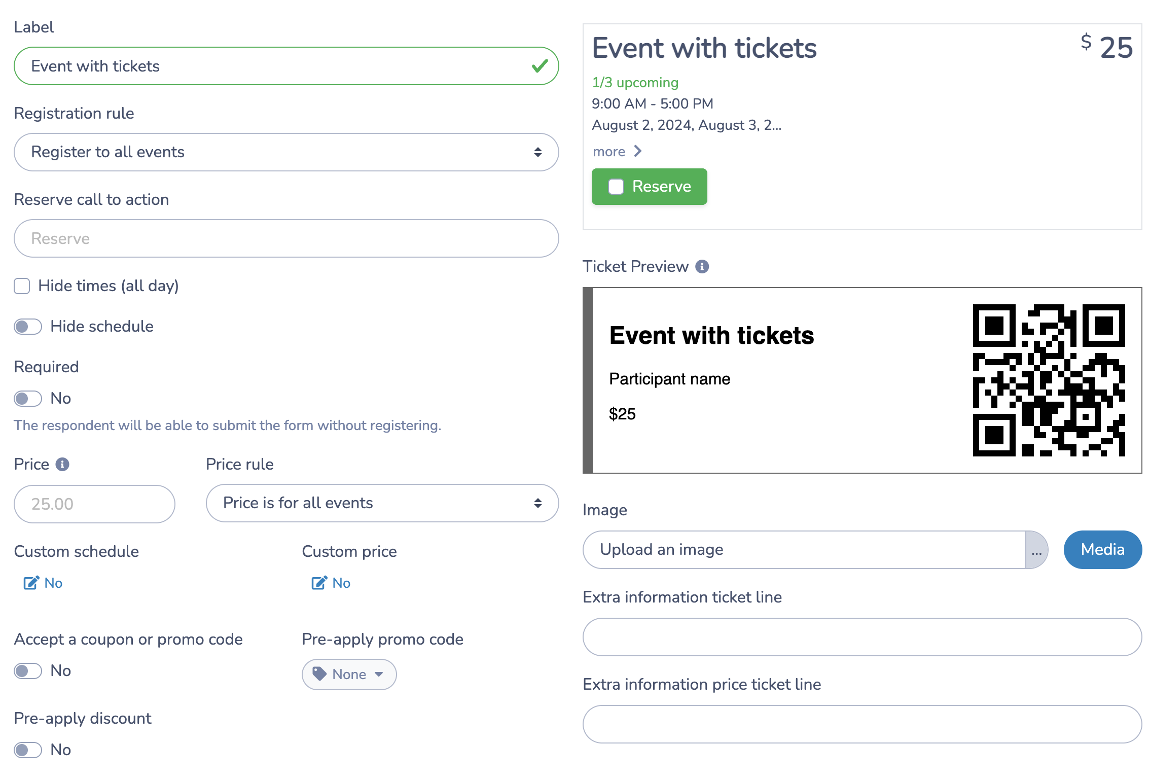 Customize Ticket Options example in cheerleading management software