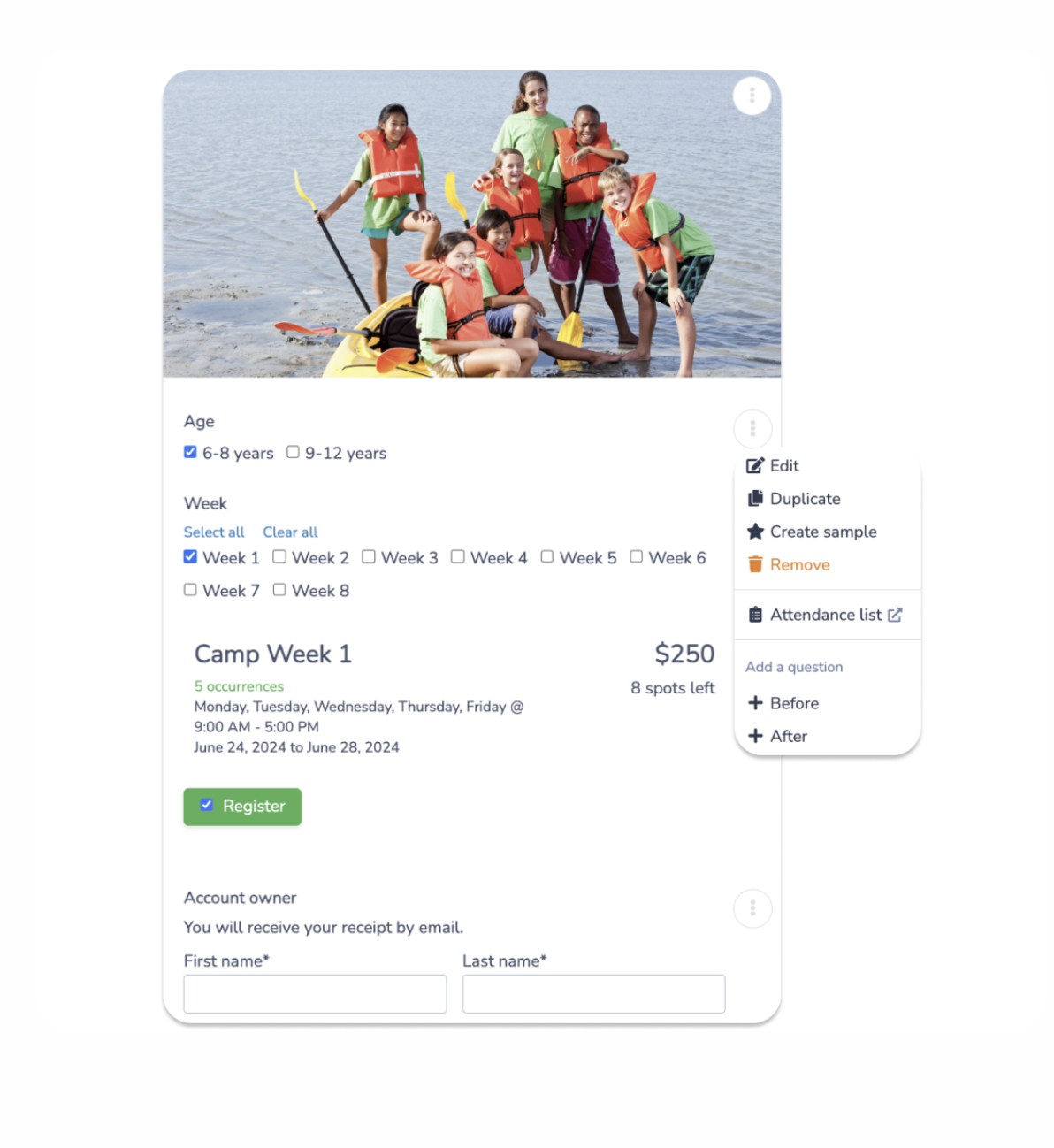 Summer camp registration form