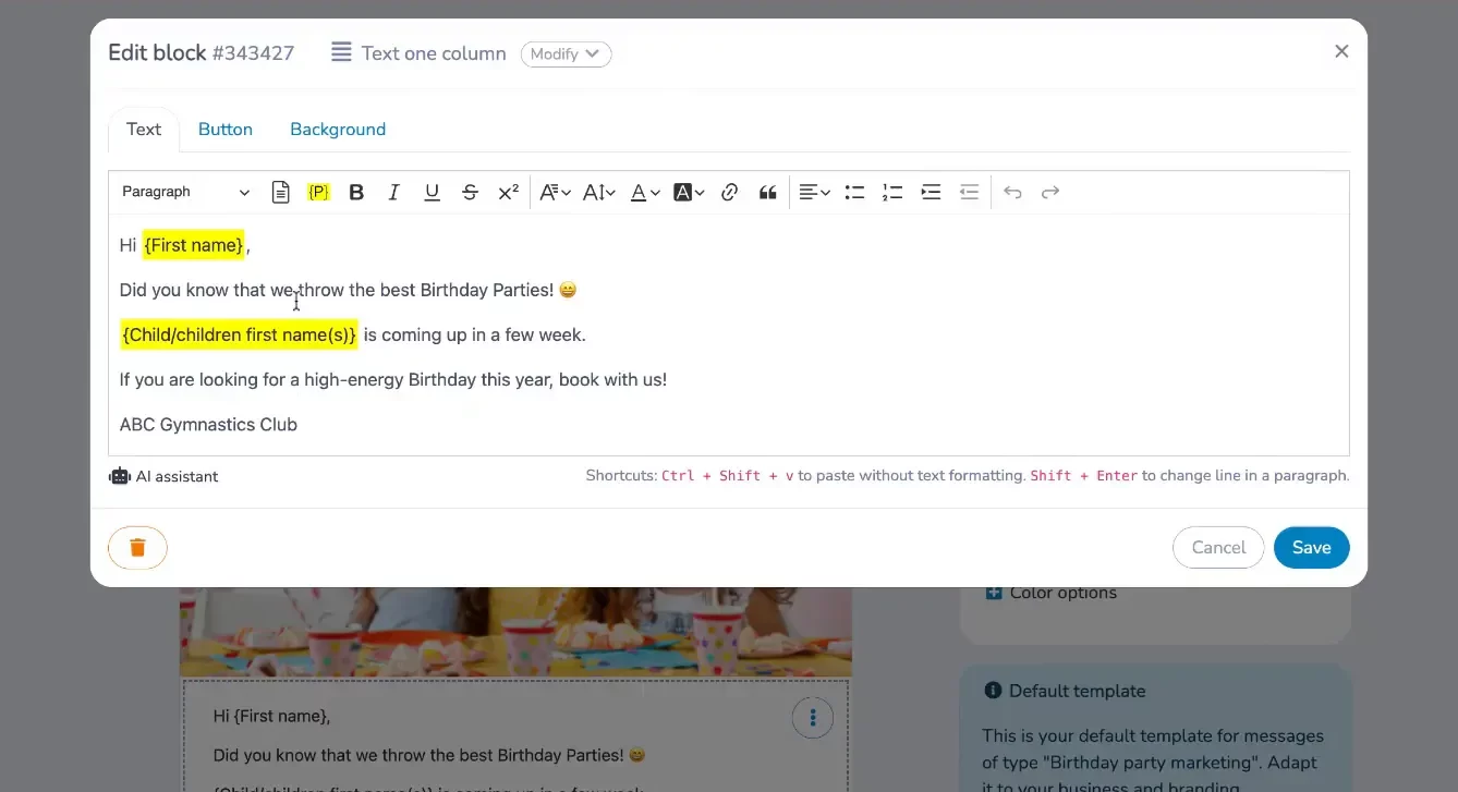 Automated birthday party reminder in Activity Messenger as a cheerleading management software