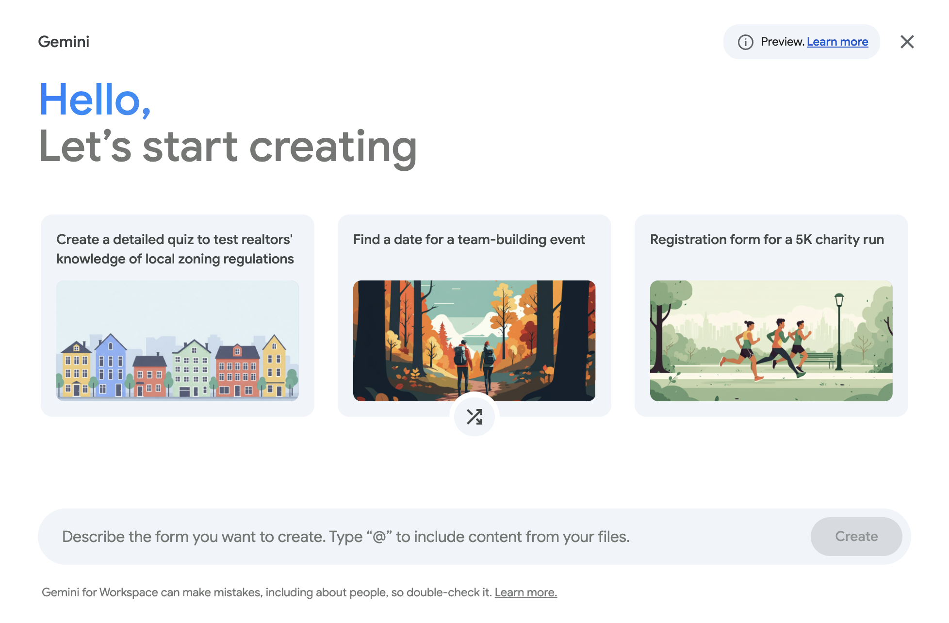 Screen depicting the Google Gemini assistant asking what type of form you want to create.