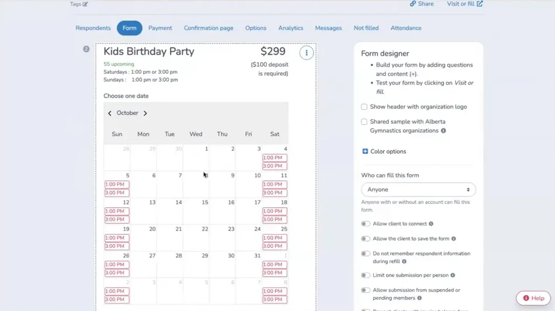 Create a calendar for birthday party bookings through Activity Messenger