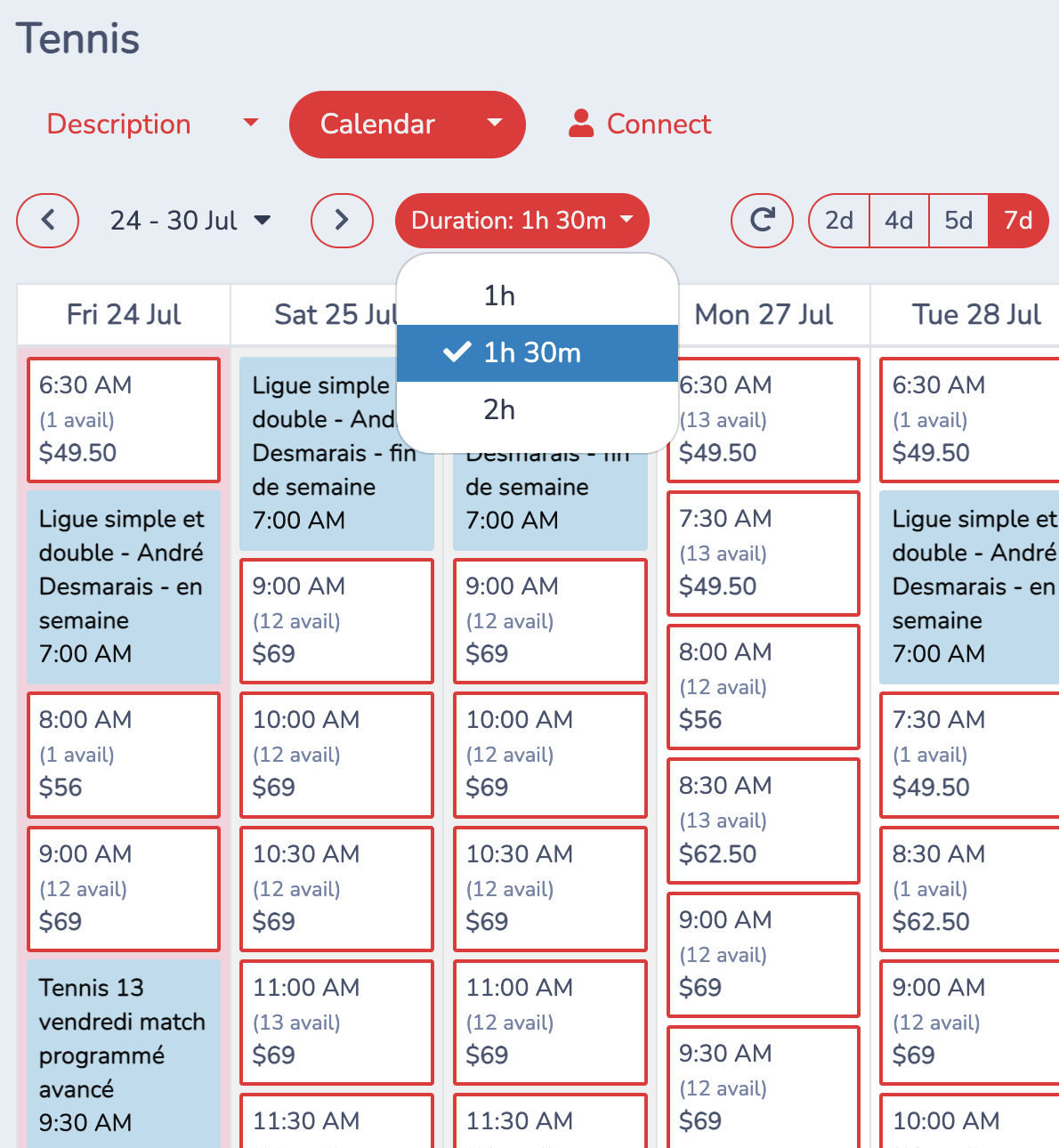 Tennis Booking Calendar - durations