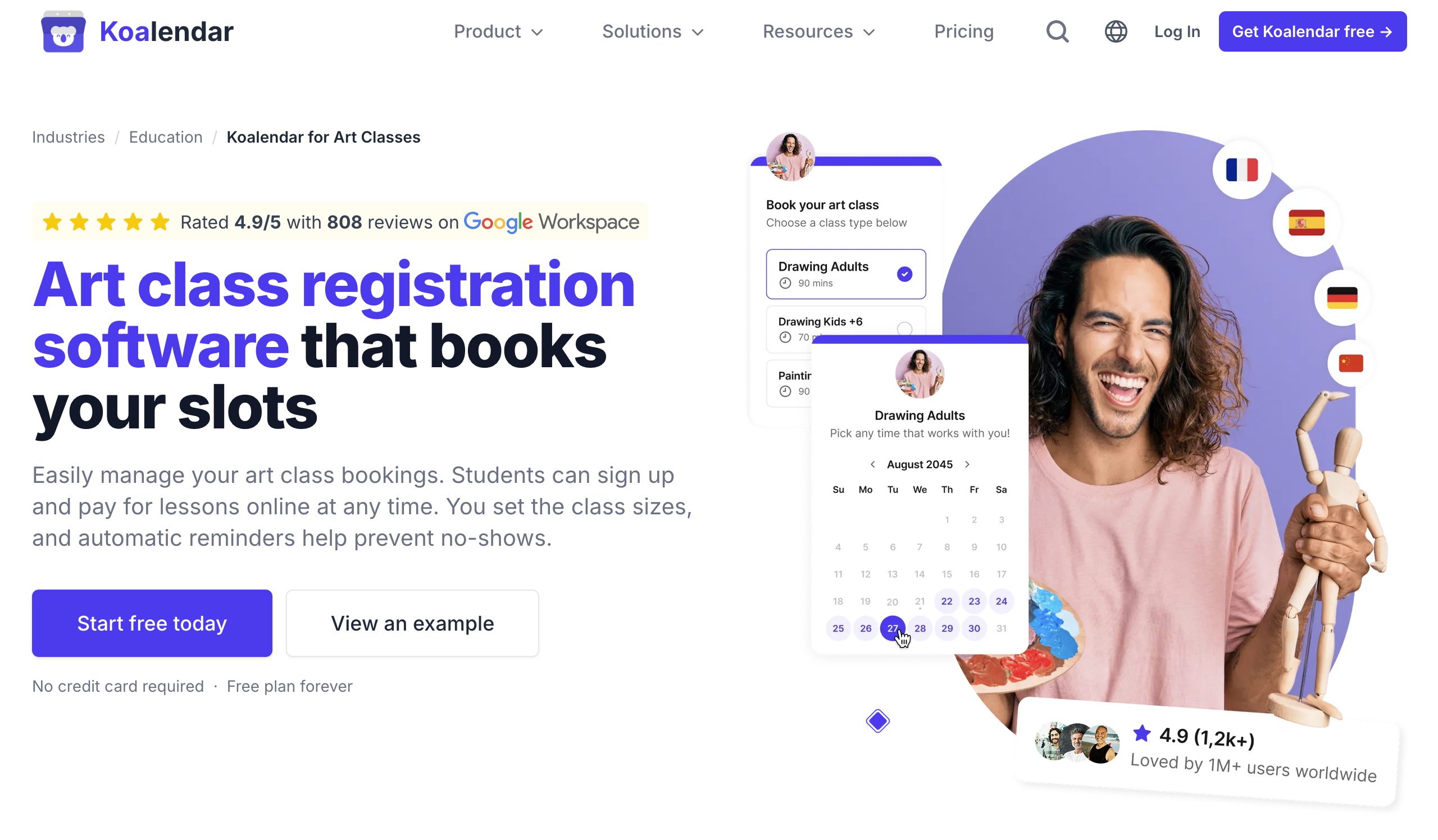 Koalendar offers a free option for art class registration software that focuses more on scheduling than full class management