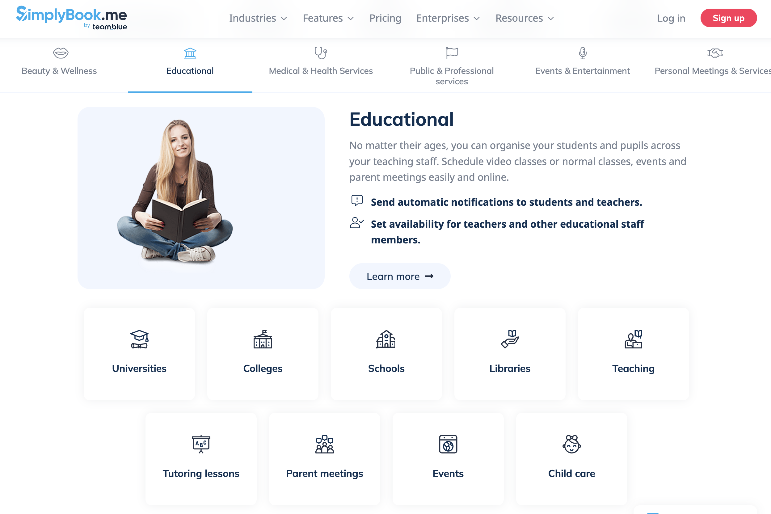 Simplybook.me specializes in class scheduling for universities, schools, and libraries, but can also be used for art schools