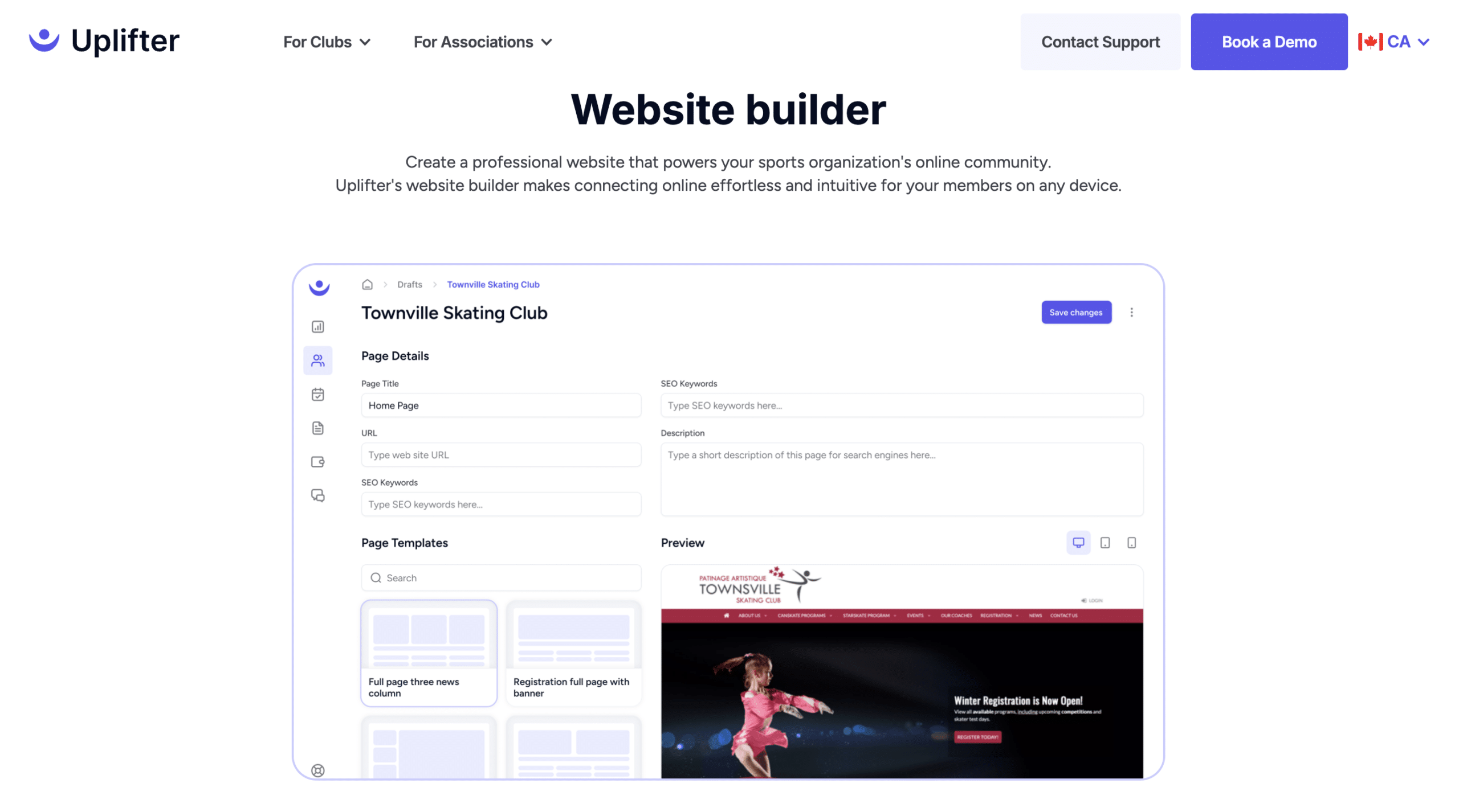 Uplifter as a website builder for sports and rec