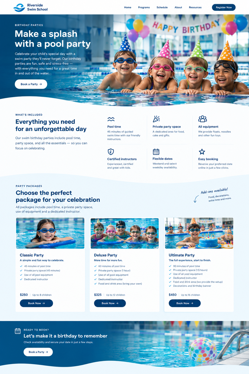 Swim School Website Builder: Swim Birthday Party website mockup