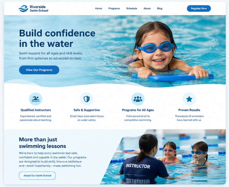 Activity Messenger as a swim school website builder: example of a swim school homepage