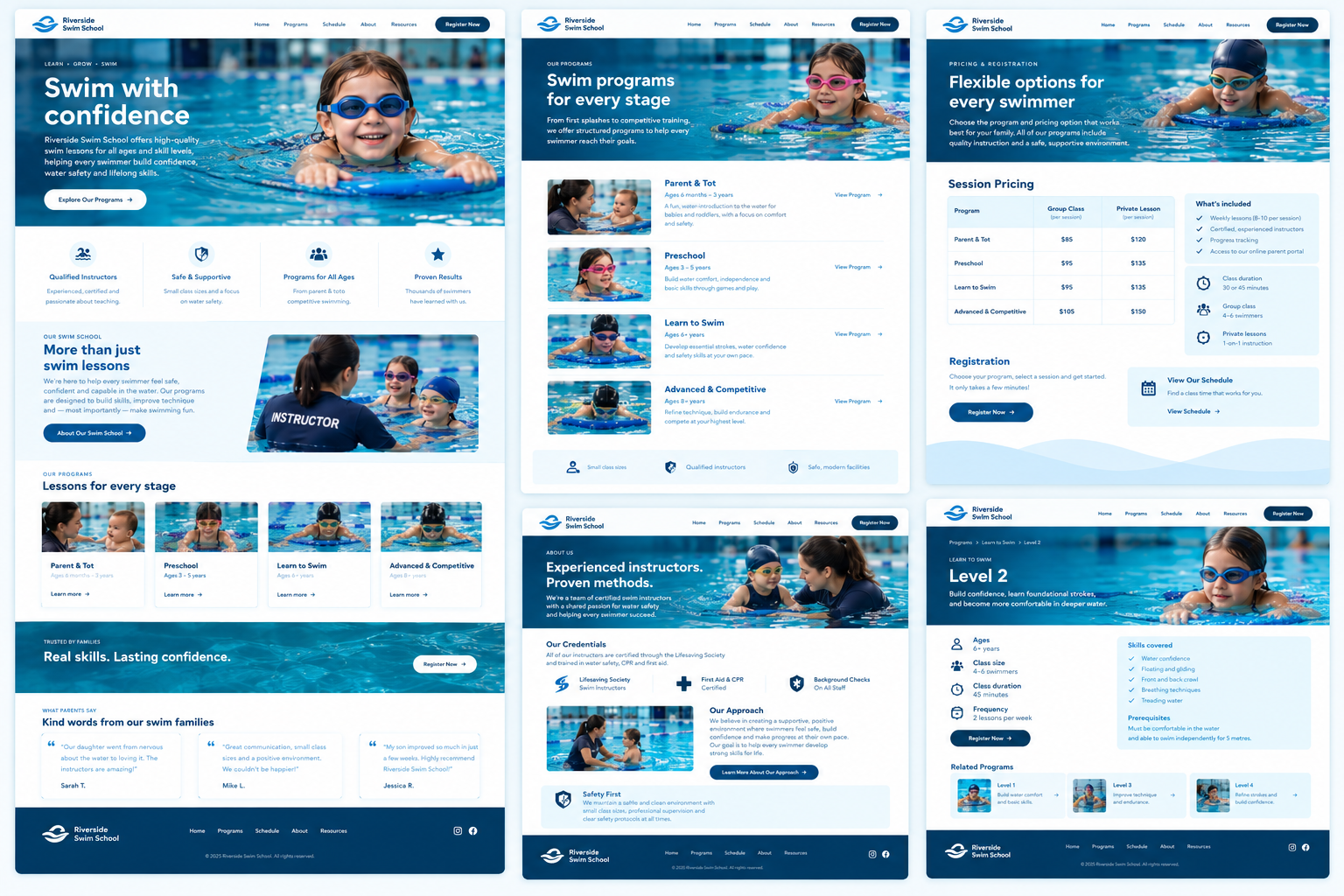 Swim School Website Builder: example of pages that can be built using Activity Messenger