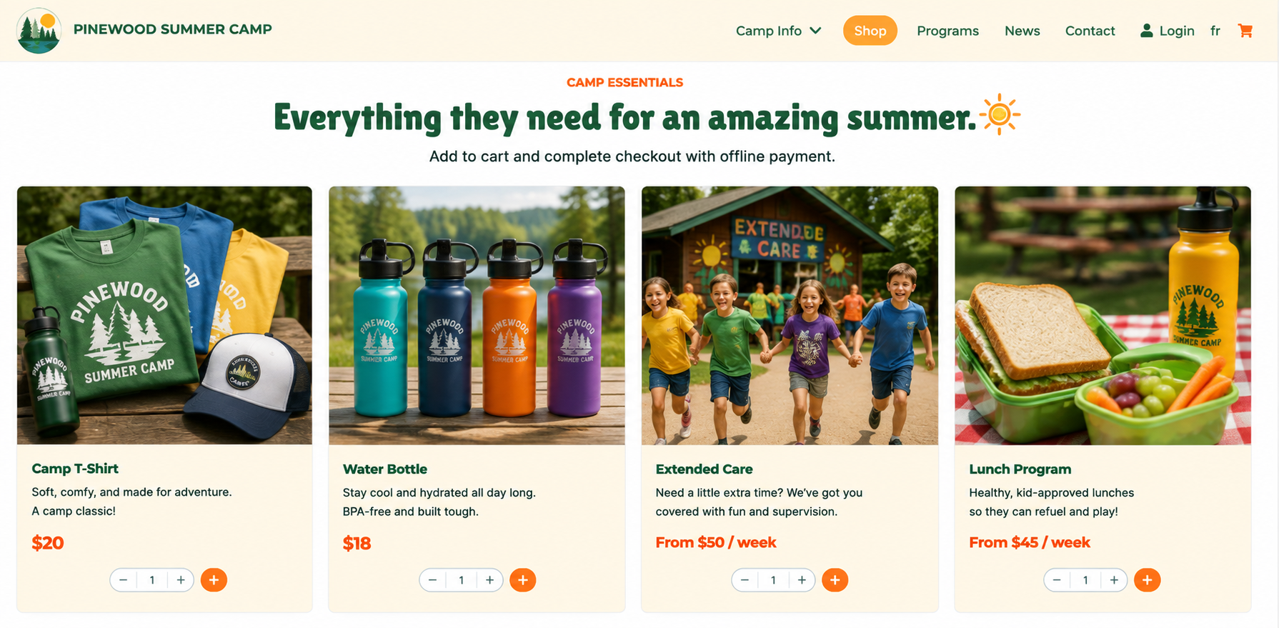 Build a Summer Camp Website: example of a shop using Activity Messenger