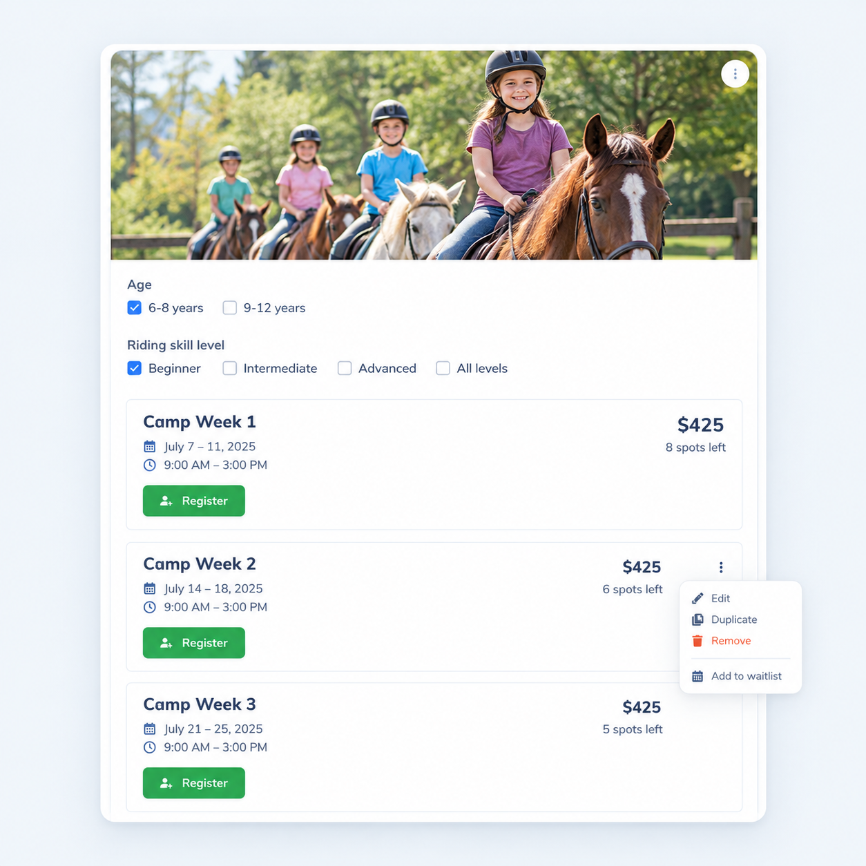 An example of a Horse Riding Registration Software Form with Activity Messenger