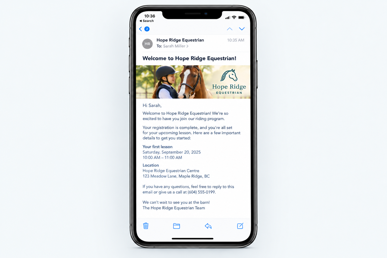 Horse Riding Registration Software Form: Registration Confirmation Email