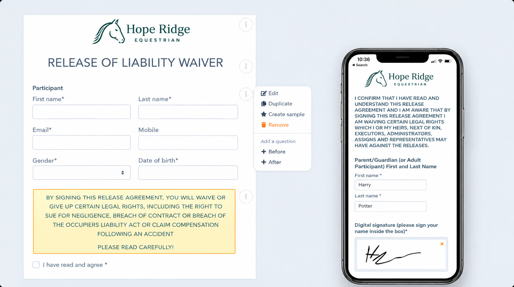 Horse Riding Software Waiver Form